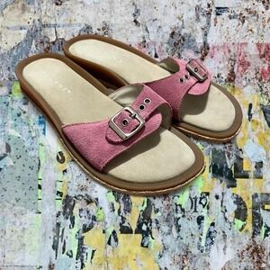 Pink suede genuine leather suede slides with cushion footbed and buckle size 9‎